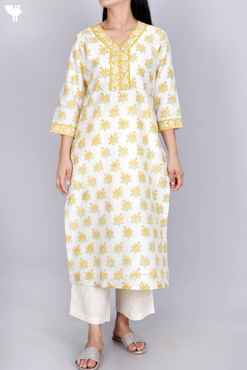 Chanderi Silk Kurta Pant Set With Dupatta In Floral Block Print
