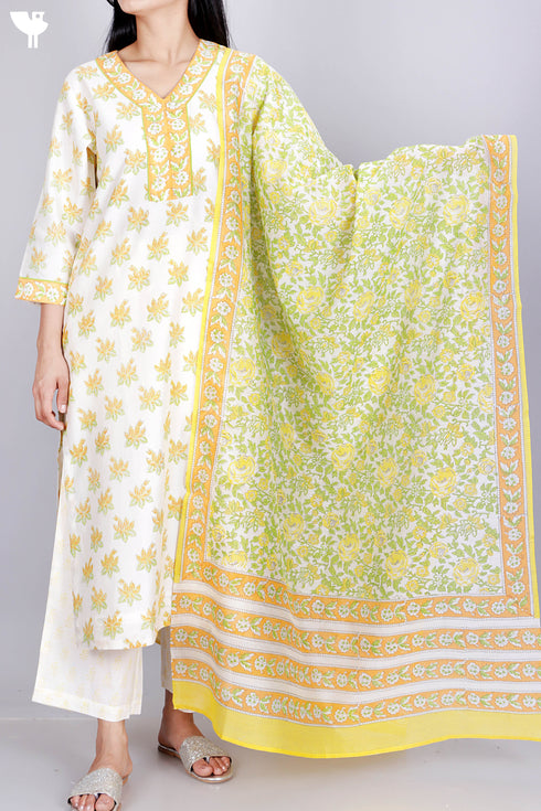 Chanderi Silk Kurta Pant Set With Dupatta In Floral Block Print