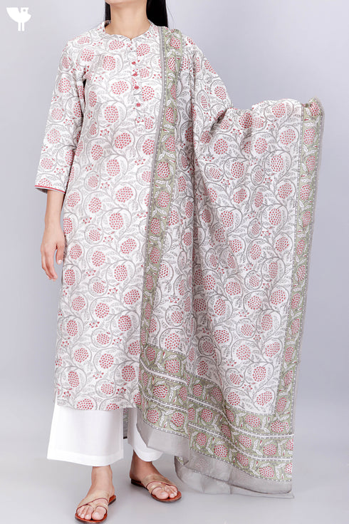 Chanderi Silk Kurta Pant Set With Dupatta In Floral Block Print