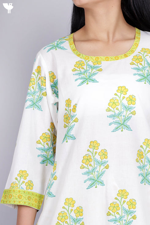 Cotton Kurta Pant Set With Kota Dupatta In Floral Block Print