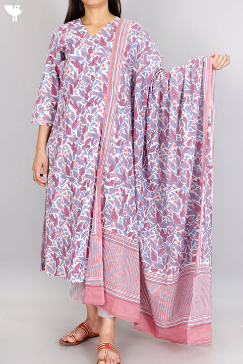 Cotton Kurta Pant Set With Dupatta In Block Print