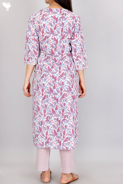 Cotton Kurta Pant Set With Dupatta In Block Print