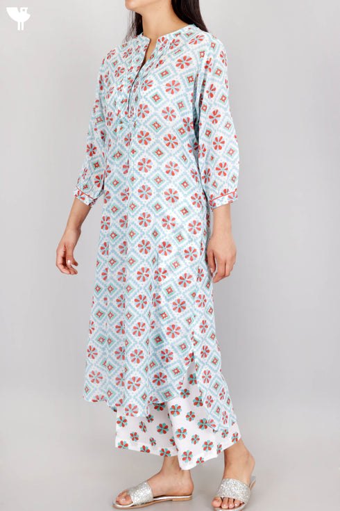 Mulmul Cotton Kurta And Pant Set In Block Print