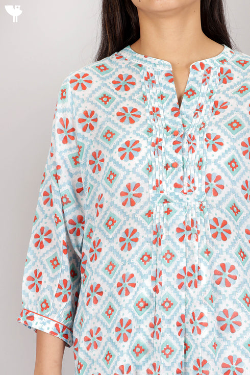 Mulmul Cotton Kurta And Pant Set In Block Print