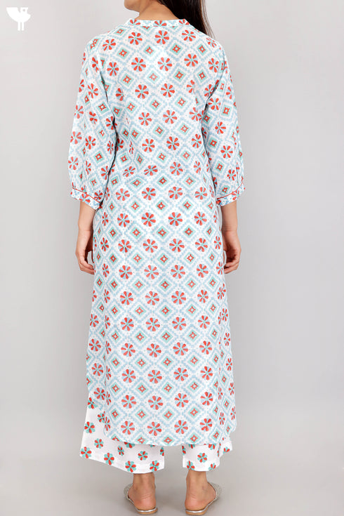 Mulmul Cotton Kurta And Pant Set In Block Print