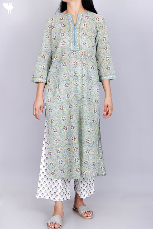 Mulmul Cotton Kurta And Pant Set In Block Print