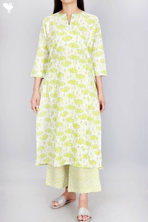 Cotton Kurta And Pant In Floral Block Print