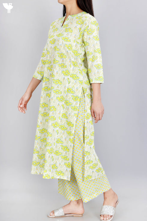Cotton Kurta And Pant In Floral Block Print