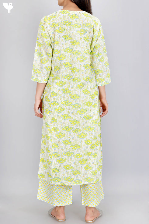 Cotton Kurta And Pant In Floral Block Print