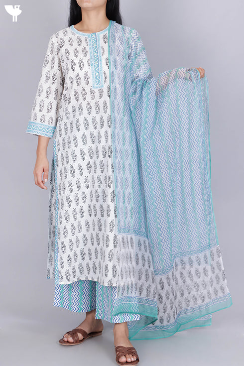 Slub Cotton Kurta And Pant Set With Kota Doria Dupatta In Block Print