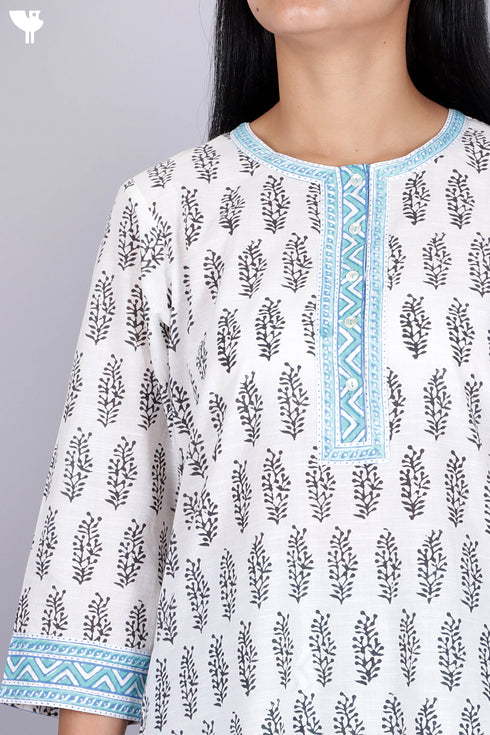 Slub Cotton Kurta And Pant Set With Kota Doria Dupatta In Block Print