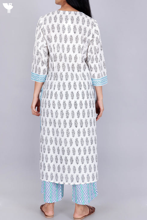 Slub Cotton Kurta And Pant Set With Kota Doria Dupatta In Block Print