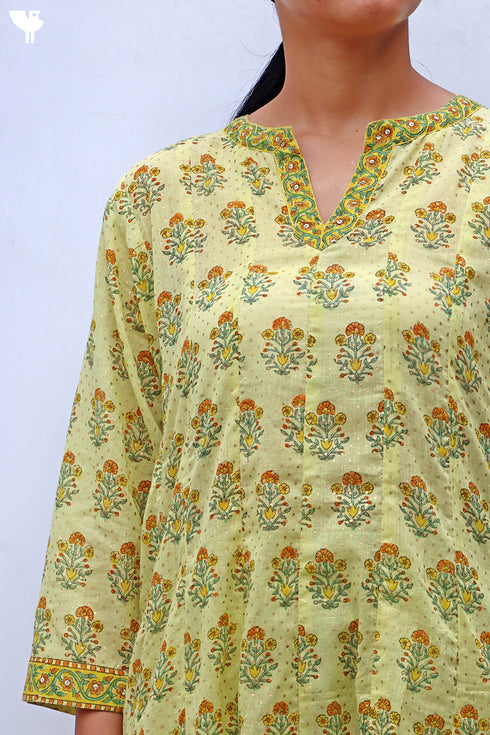 Mulmul Cotton Kurta And Pant Set In Gold Block Print