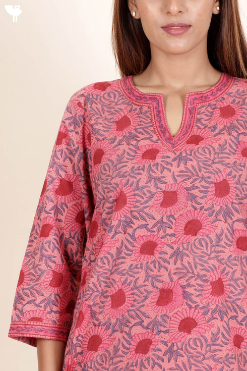 Cotton Kurta Pant And Dupatta Set In Floral Block Print