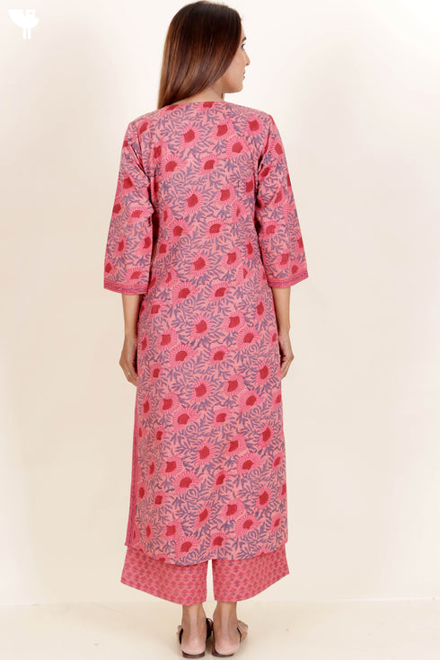 Cotton Kurta Pant And Dupatta Set In Floral Block Print