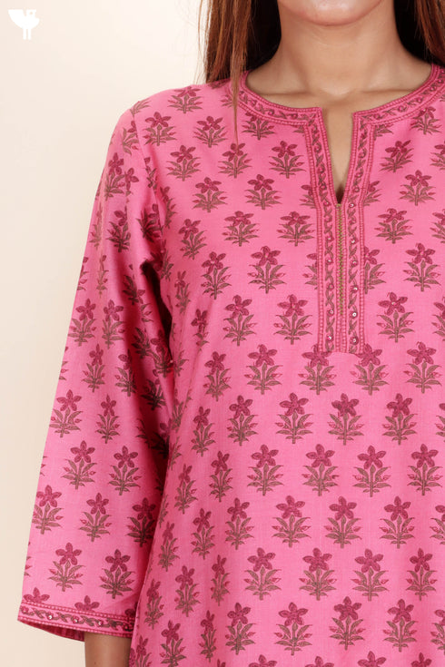 Tussar Cotton Kurta Pant And Dupatta Set In Floral Block Print