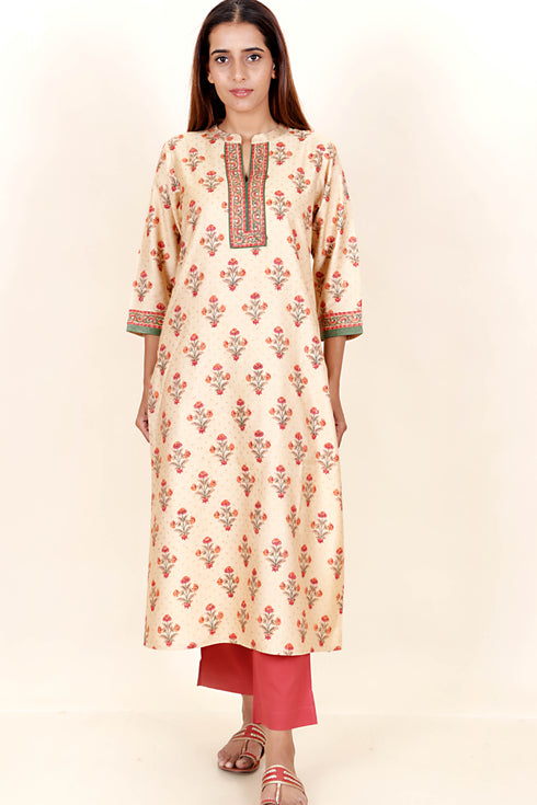 Tussar Cotton Kurta Pant And Dupatta Set In Floral Block Print
