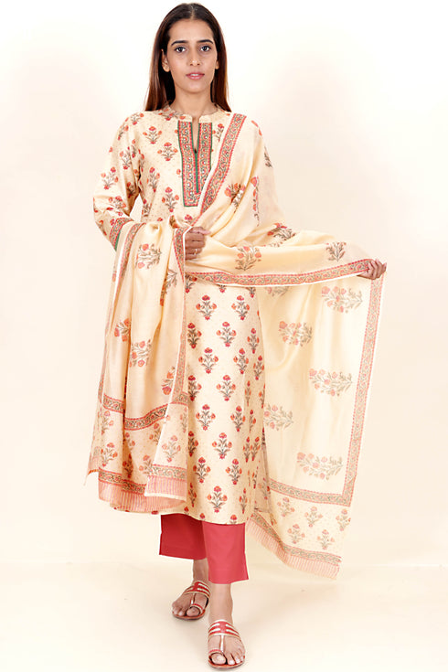 Tussar Cotton Kurta Pant And Dupatta Set In Floral Block Print
