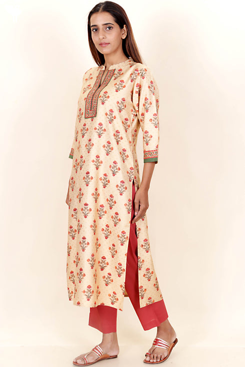 Tussar Cotton Kurta Pant And Dupatta Set In Floral Block Print