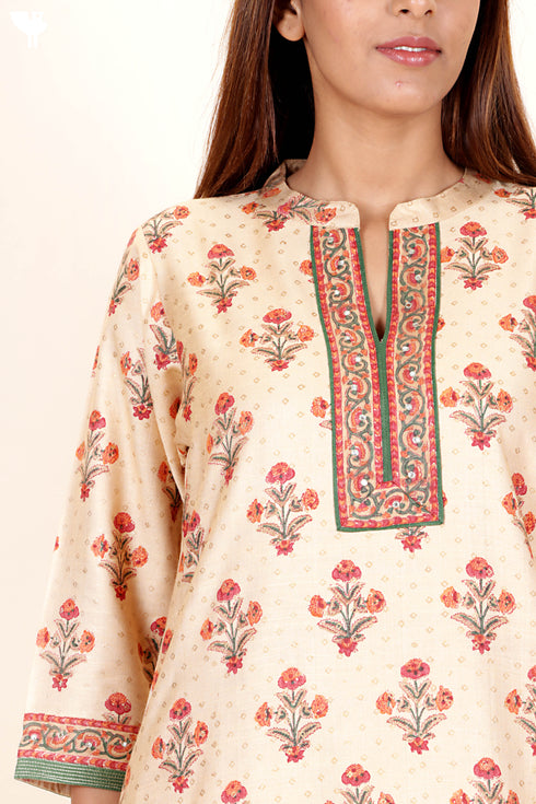 Tussar Cotton Kurta Pant And Dupatta Set In Floral Block Print