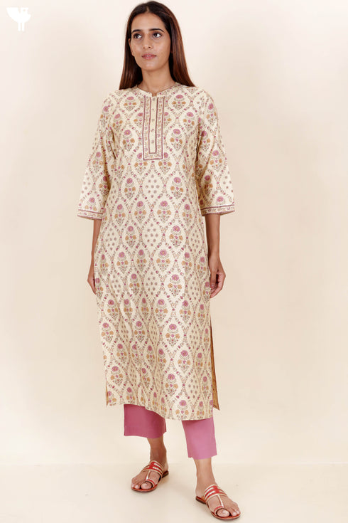 Tussar Cotton Kurta Pant And Dupatta Set In Floral Block Print