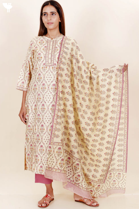 Tussar Cotton Kurta Pant And Dupatta Set In Floral Block Print