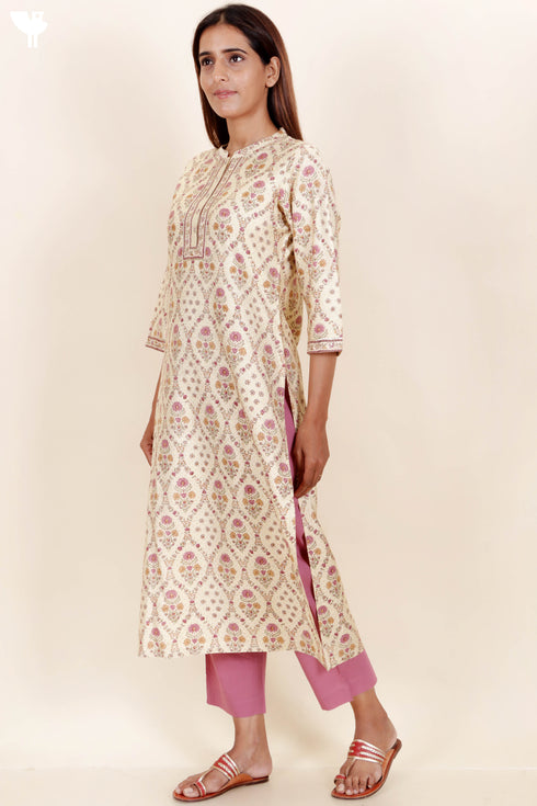 Tussar Cotton Kurta Pant And Dupatta Set In Floral Block Print
