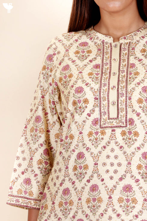 Tussar Cotton Kurta Pant And Dupatta Set In Floral Block Print