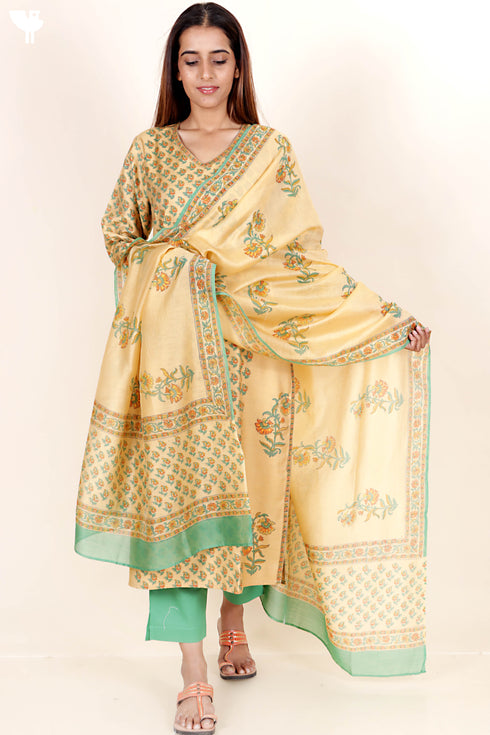 Tussar Cotton Kurta Pant And Dupatta Set In Floral Block Print