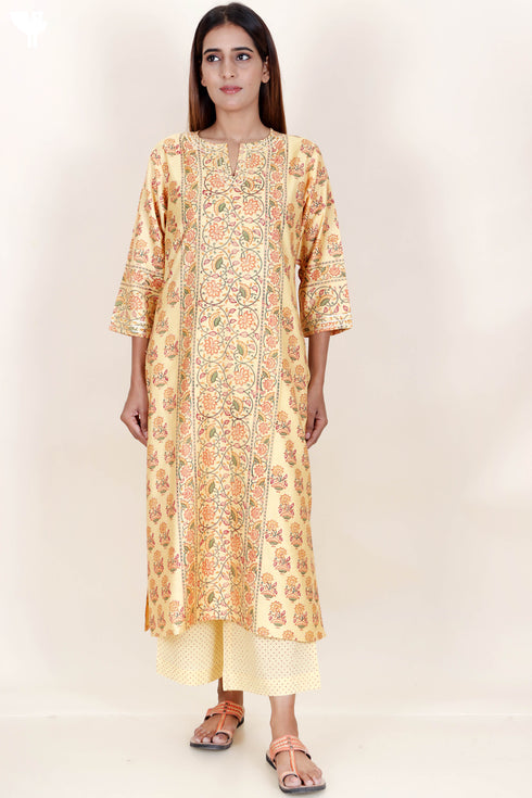 Tussar Cotton Kurta Pant And Dupatta Set In Floral Block Print
