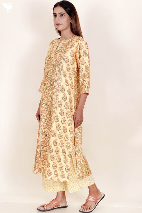 Tussar Cotton Kurta Pant And Dupatta Set In Floral Block Print