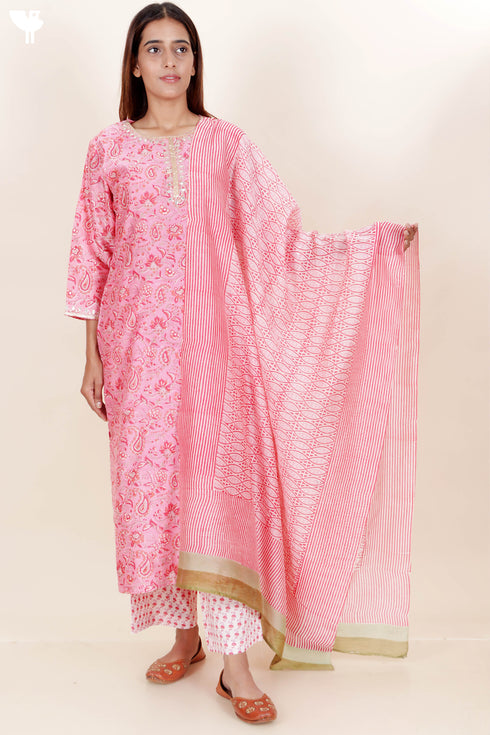 Chanderi Silk Kurta Pant And Dupatta Set With Gota Patti