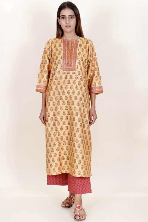 Tussar Cotton Kurta Pant And Dupatta Set In Floral Block Print