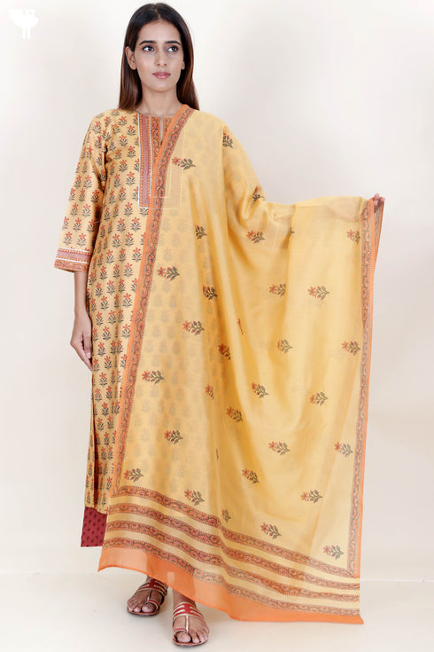Tussar Cotton Kurta Pant And Dupatta Set In Floral Block Print