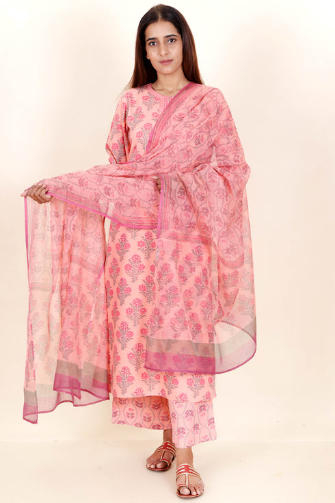 Bizzy Lizzy Kurta And Pant Set With Kota Dupatta In Block Print