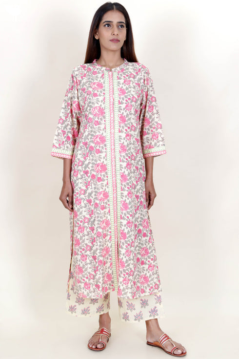 Bizzy Lizzy Kurta And Pant Set With Kota Dupatta In Block Print