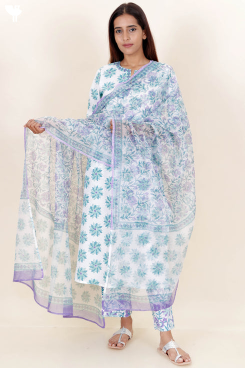 Cotton Kurta Pant With Kota Dupatta Set In Block Print