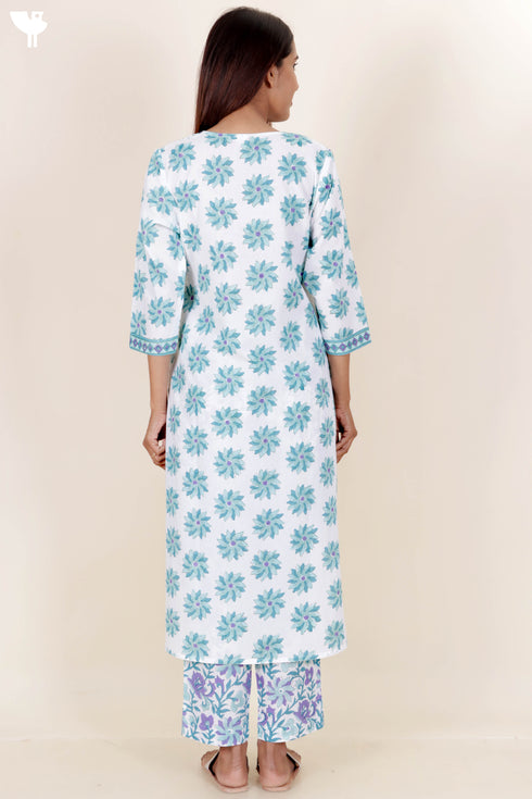 Cotton Kurta And Pant Set With Kota Dupatta In Block Print
