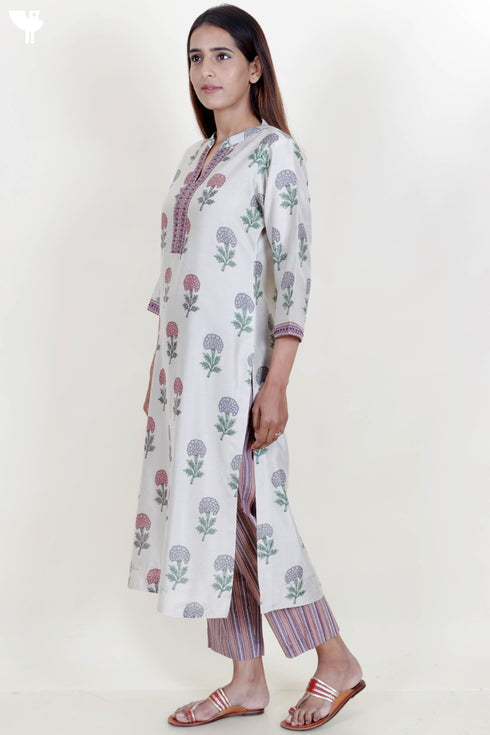 Chanderi Silk Kurta And Dupatta With Pant In Block Print