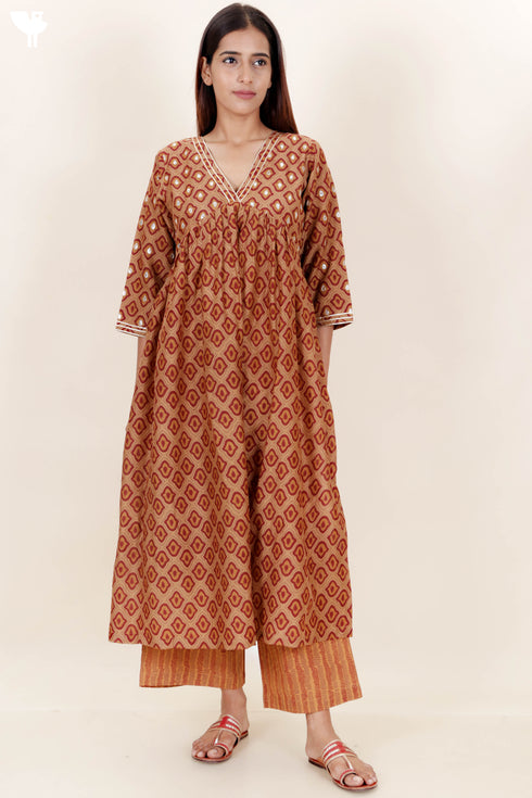 Cotton Silk Kurta And Pant In Block Print