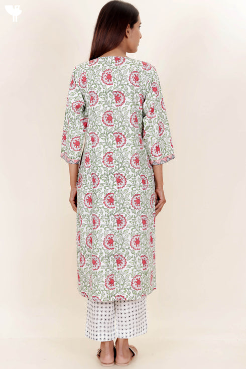 Bizzy Lizzy Cotton Kurta Pant Set With Chiffon Dupatta In Block Print