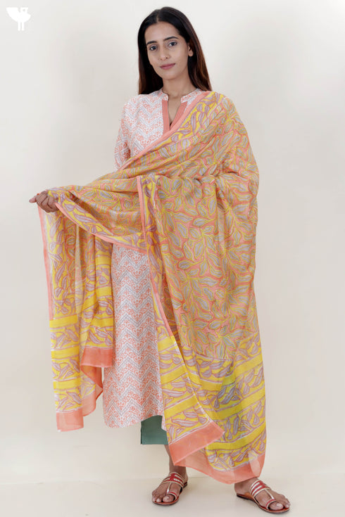 Chanderi Silk Kurta And Dupatta Set In Floral Block Print