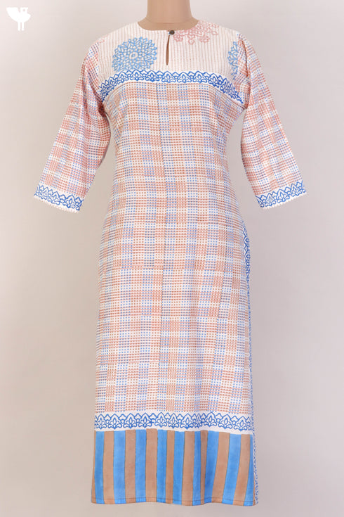 Slub Cotton Kurta and Kota Doria Dupatta In GraphicBlock Print