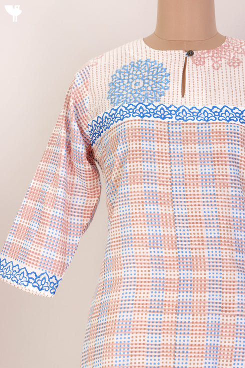 Slub Cotton Kurta and Kota Doria Dupatta In GraphicBlock Print