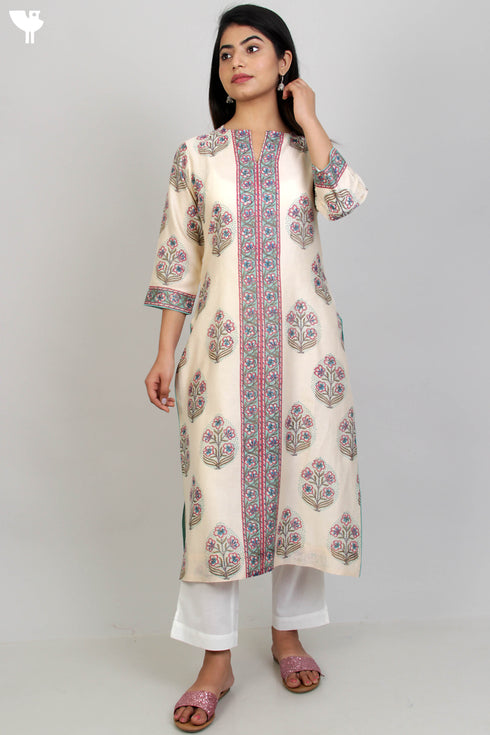 Chanderi Silk Kurta With Dupatta In Floral Block Print