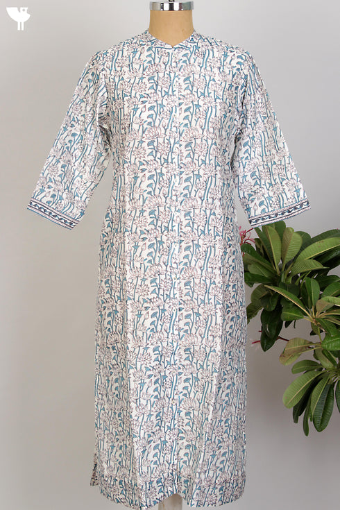 Chanderi Silk Kurta/Dupatta Set in Aqua Blue Lotus Block Print