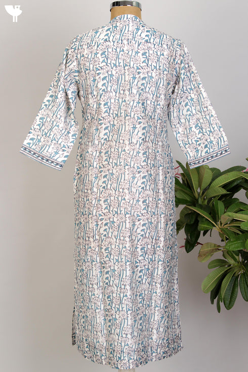 Chanderi Silk Kurta/Dupatta Set in Aqua Blue Lotus Block Print