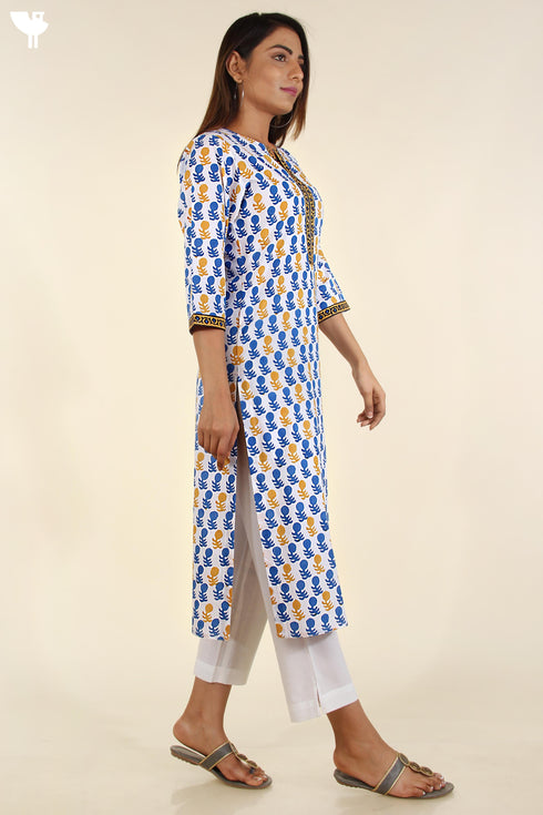 Cambric Cotton Kurta and Kota Doria Dupatta In Cobalt Blue and Mustard Yellow Graphic Block Print