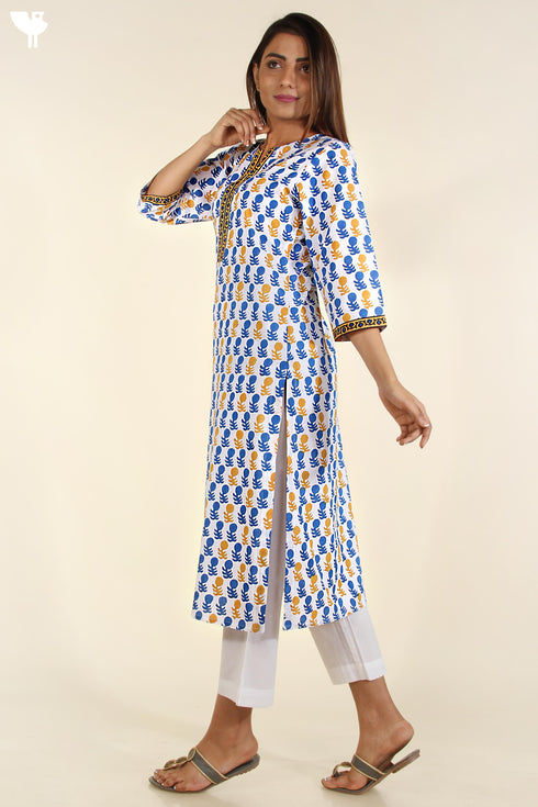 Cambric Cotton Kurta and Kota Doria Dupatta In Cobalt Blue and Mustard Yellow Graphic Block Print