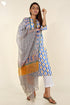 Cambric Cotton Kurta and Kota Doria Dupatta In Cobalt Blue and Mustard Yellow Graphic Block Print